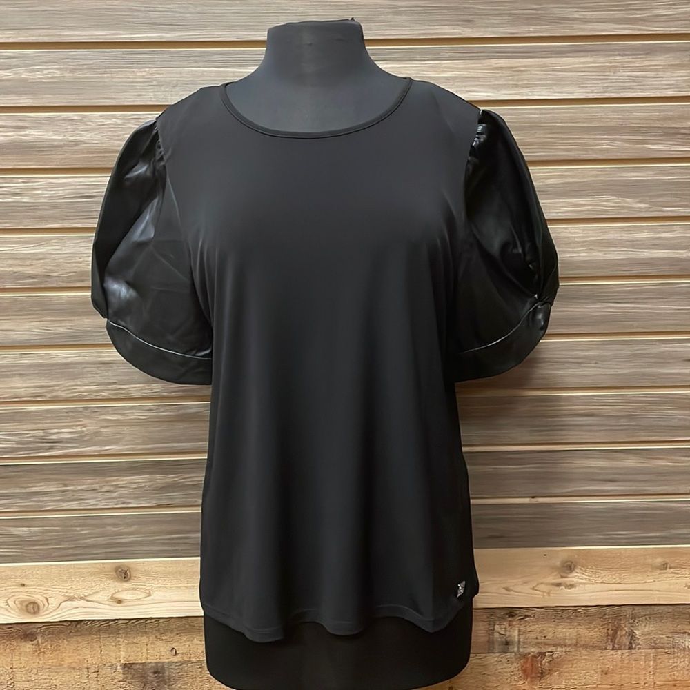 Calvin Klein Faux Leather Puff Sleeve Top Black Size-Large